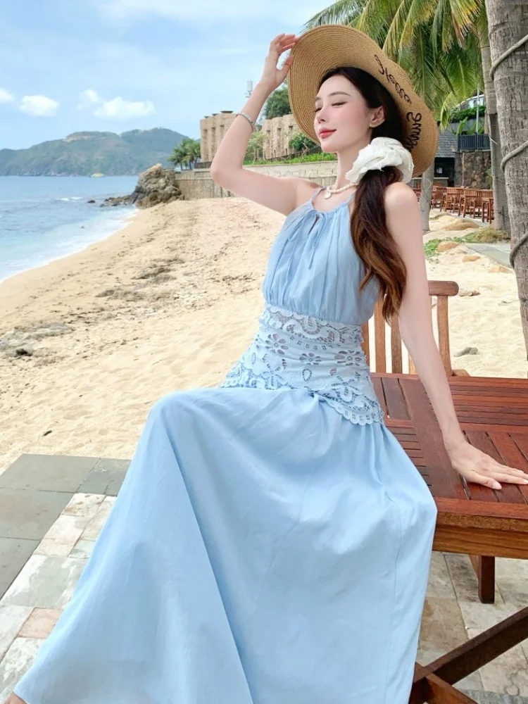 SMTHMA Vintage Embroidery Hollow Out High Waist Pleated Dress Women Sexy Sleeveless Long Dresses Summer Sexy Holidays Party Robe