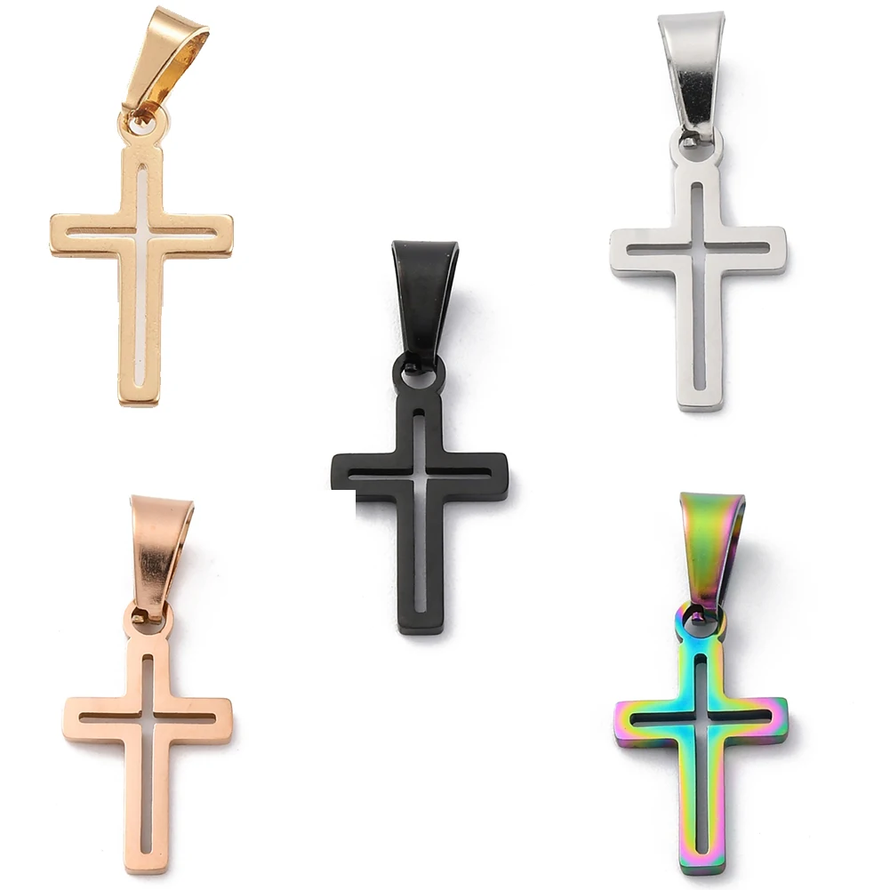 10Pcs 304 Stainless Steel Cross Pendants Hollow Crucifix Hanging Charm for Easter Eid Bracelet Necklace Jewelry Making 18x10x1mm