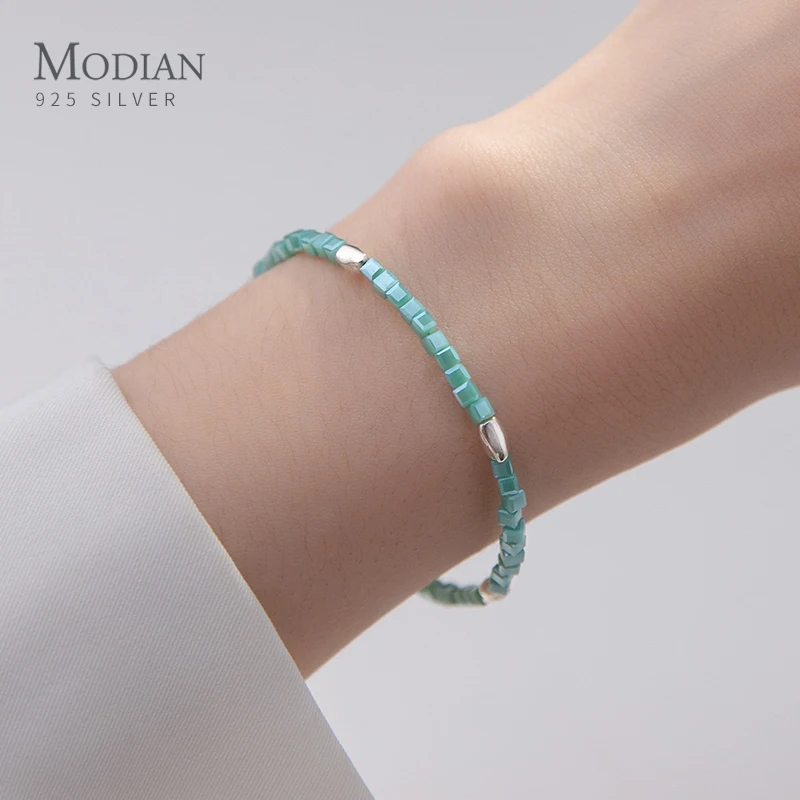 Modian Genuine 925 Sterling Silver Green Crystal Gift Square Adjustable Bracelet For Women Elegant Luxury Fine Party Jewelry