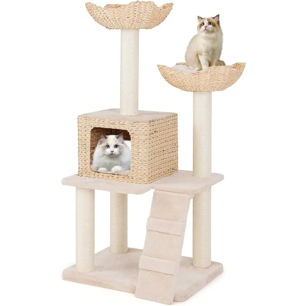 

48 inch Cattail Cat Tree, Multi-Level Cat Tower – Sisal Scratching Posts, Condo, Basket Bed & Climbing Ladder
