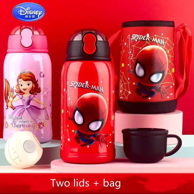 600ML Mickey Kids Thermos Mug with two lid Cartoon Sofia Stainless Steel Vacuum Flasks for baby Children water cups with bag