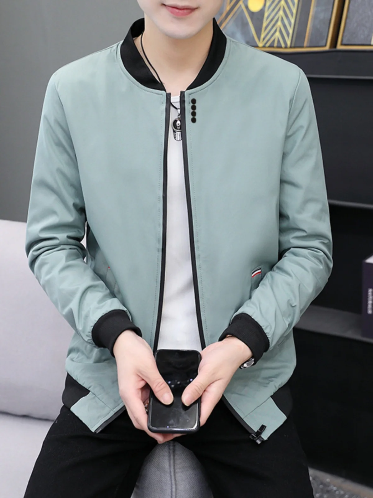 

Spring Autumn Men's Baseball Collar Jaet Lightweight Casual ort Outerwear Sli Men's Coat Olive Brothers round Ne