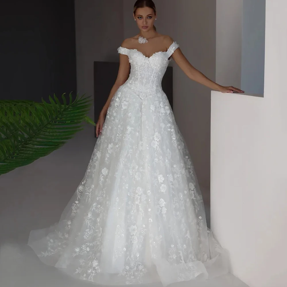 

Luxury Glitter Flowers Lace Wedding Dress Off the Shoulder Short Sleeve Classic A-Line Floor Length Lace Up Bridal Customized