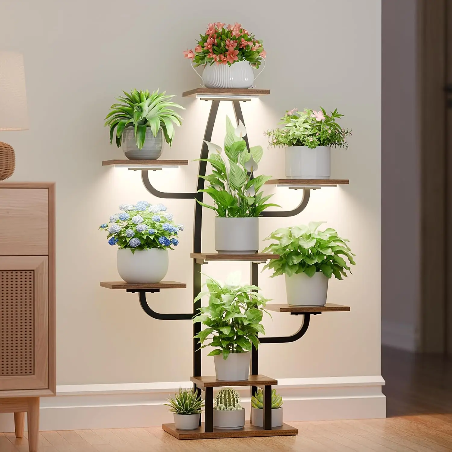 

8 Tier Indoor Plant Stand with Grow Light, 43" Corner Shelf for Cactus Flowers in Living Room, Patio