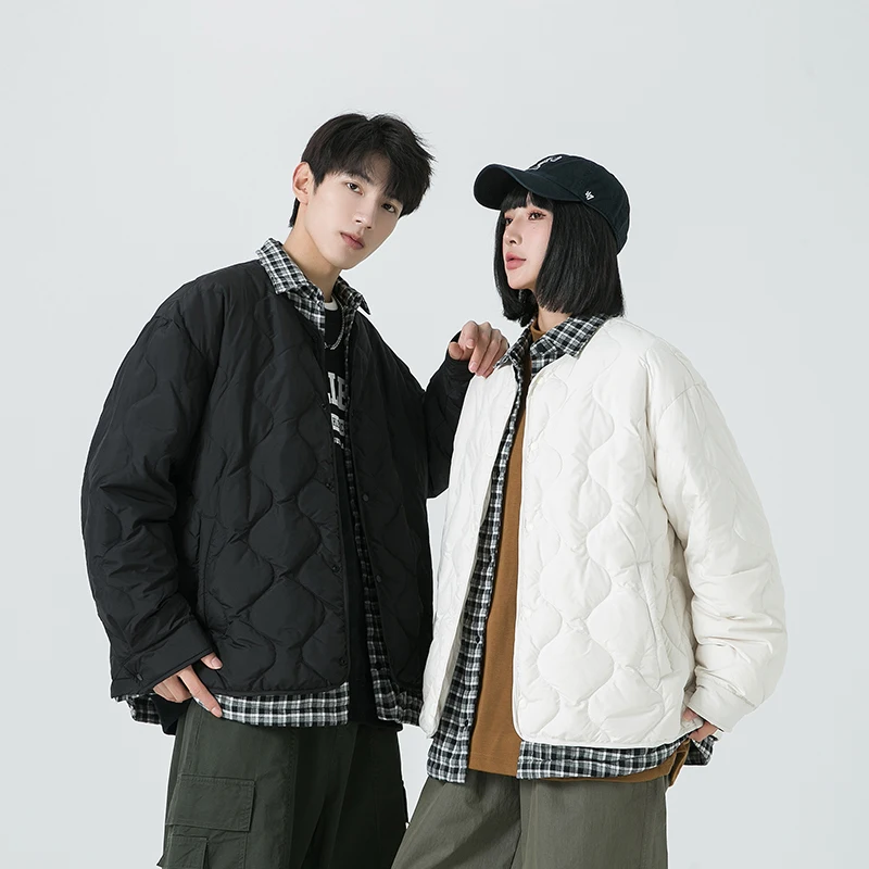 Men Down Jacket Lattice Turndown Collar Outdoor Riding Warm Puffer Jacket Leisure Streetwear Windproof Winter Coat