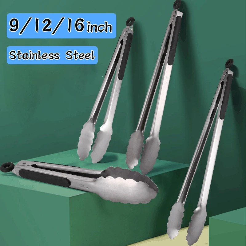 9/12/16 Inch Stainless Steel BBQ Grilling Tongs Salad Food Clip Non-Slip Handle Bread Serving Tong Cooking Barbecue Clip Clamp