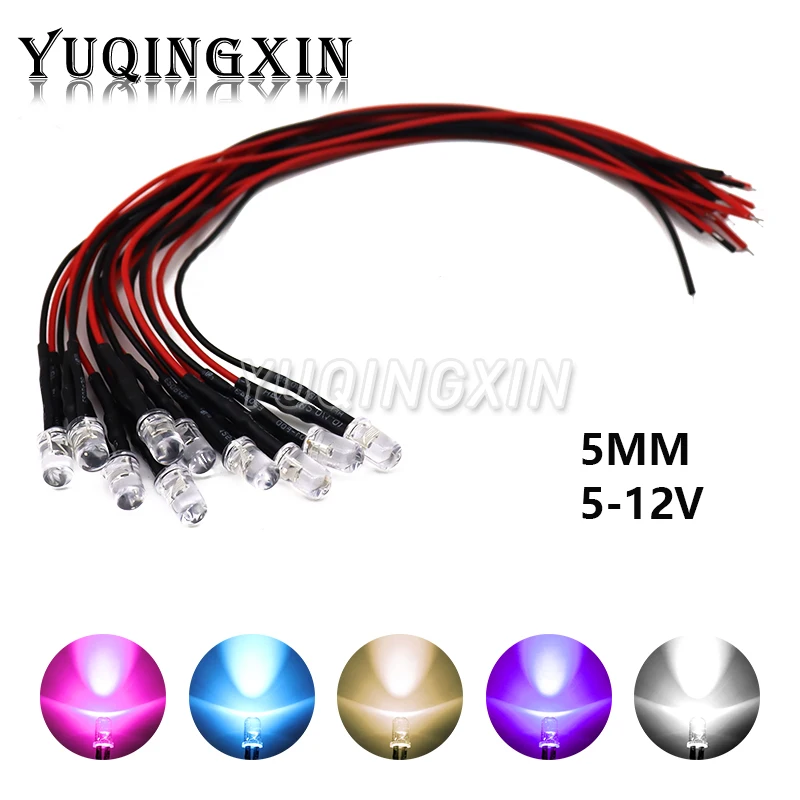 10PCS 5mm LED 12V 20cm Pre-wired White Red Green Blue Yellow UV RGB Diode Lamp Decoration Light Emitting Diodes Pre-soldered