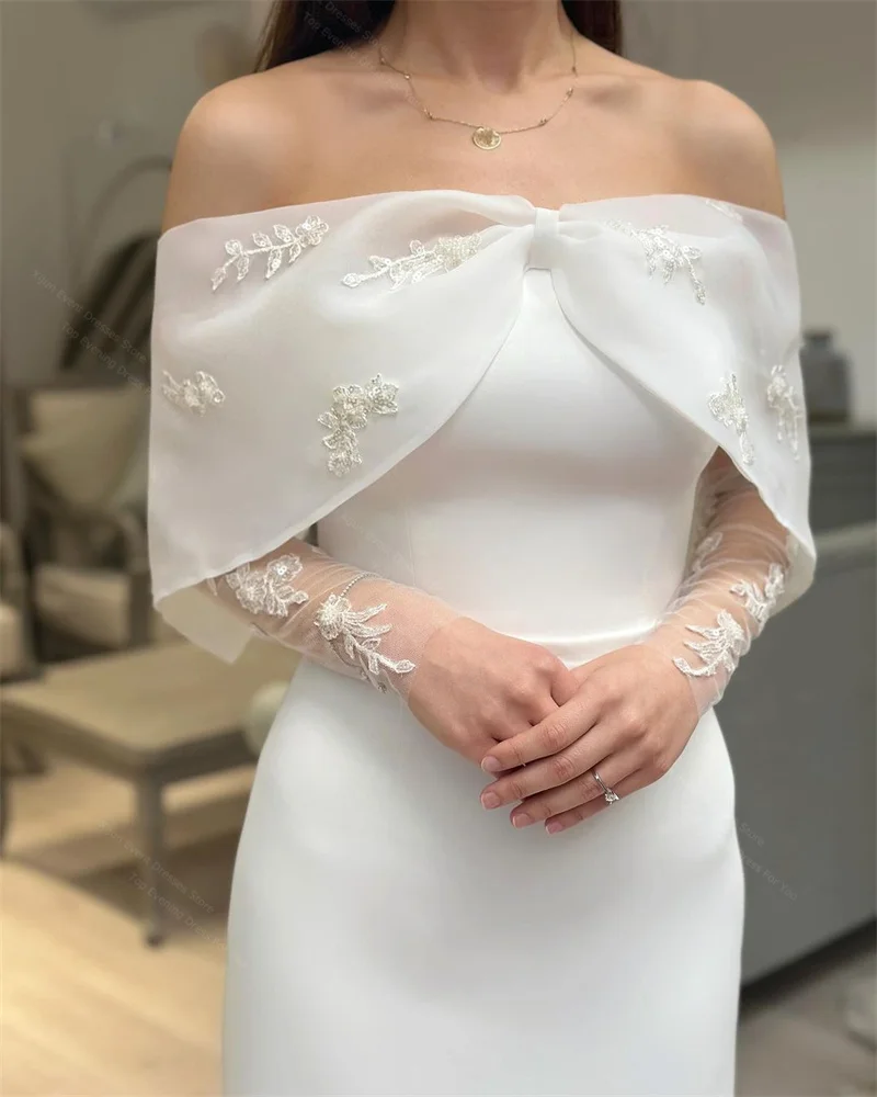 Xijun Elegant White Sheath Evening Party Dresses Wedding Guest Bride Gowns Off Shoulder Applique Arabic Women Formal Occasion