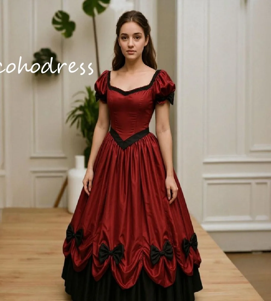 

Vintage Red And Black Medieval Prom Dress 1850s Vampire Gothic Evening Dress With Bow Colonial American 1700s Party Customized