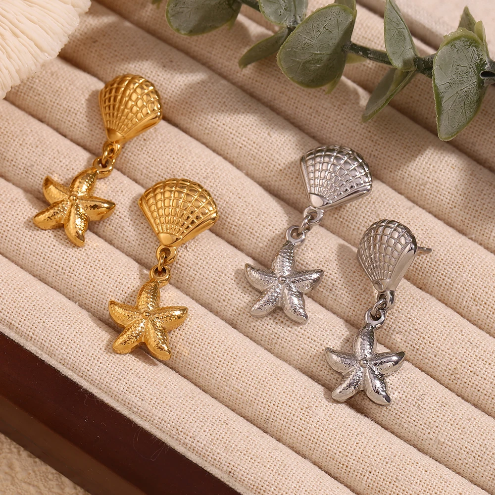 E.B.belle Scallop and Starfish Splicing Earrings 316L Stainless Steel Women's Earrings 18K Gold Plated Decoration