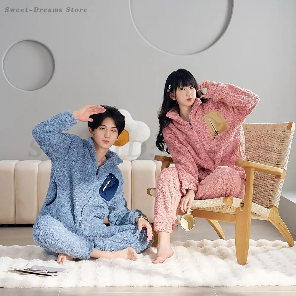 Couple Coral Fleece Sleepwear Men's Autumn Winter Long Sleeve Zipper Pajamas Suit Women's Home Clothes Thick Warm Nightwear