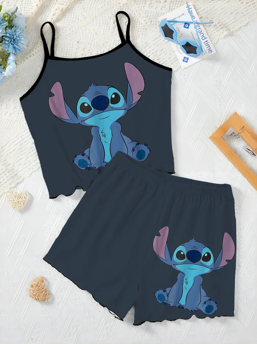 Stitch Sałata Wykończenie Garnitur damski Krótkie zestawy Sukienka na ramiączkach Top Piżama Spódnica Disney T-shirt Kawałki Elegancka 2-częściowa sukienka Disney Home