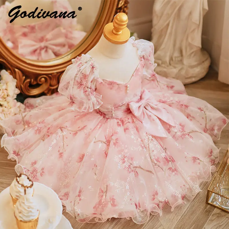 

Sweet Toddler Girls Pink Flower Wedding Dress 2026 Summer New Childrens Floral Puff Sleeve Birthday Party Princess Evening Gown