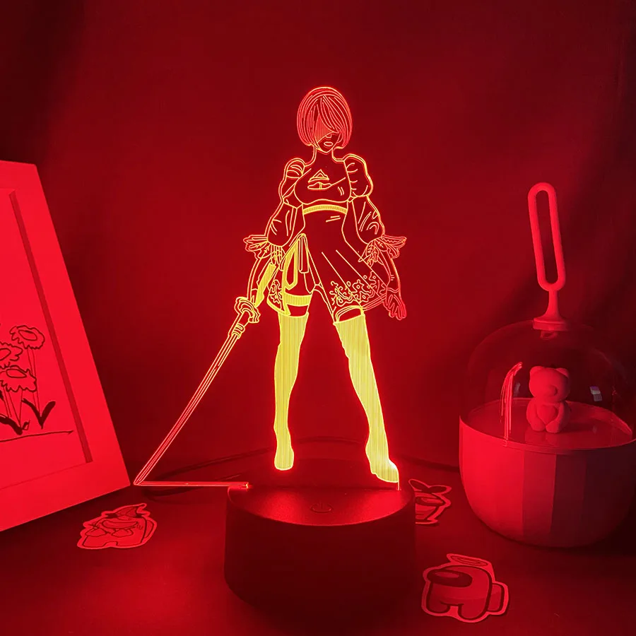 NieR Automata figura de juego YoRHa No2 tipo B 3D Led luces nocturnas de neón regalo de cumpleaños para amigos sala de juegos Decoración de mesa