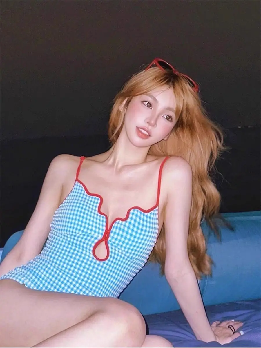 

Tagkita Blue Plaid One-Piece Swimsuit Women's Bal Thermal Spring Sexy Strapl Slimming Summer Swimwear Casual Sle