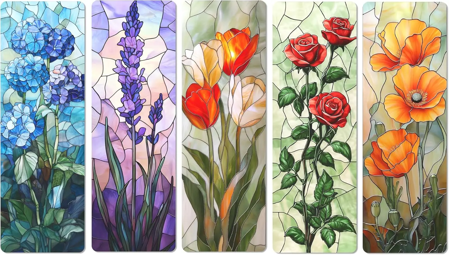 

5Pcs Stained Glass Flower Bookmarks - Transparent PVC for Reading, Floral Gifts for Book Lovers, Cute Accessories (6'' X 2'')