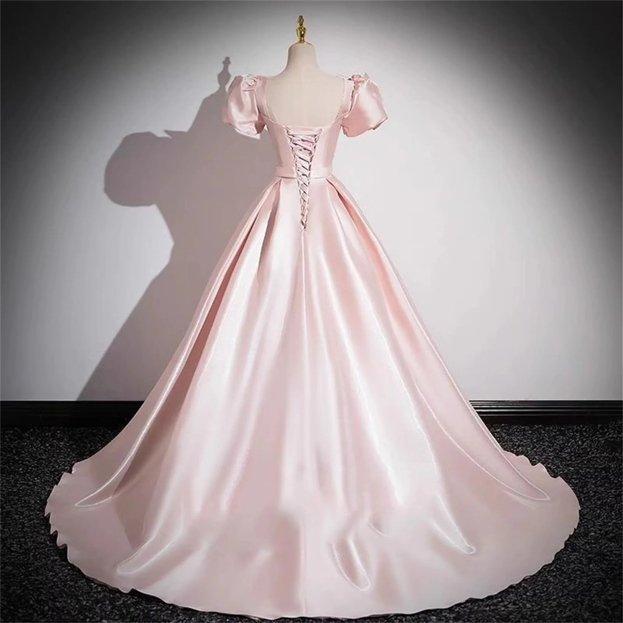 الوردي القوس الساتان الكرة ثوب فساتين Quinceanera أنيقة عيد ميلاد حزب مساء اللباس الطابق طول فساتين حفلة موسيقية رسمية