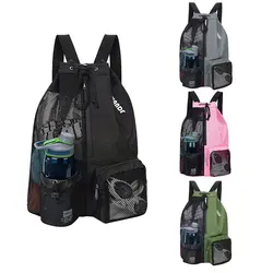 Saco de praia de cordão com bolsos úmidos, mochila de praia masculina, mochila de verão, malha esportiva para caminhadas ao ar livre