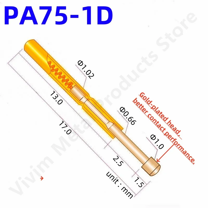 

20/100PCS Spring Test Probe PA75-1D Test Pin P75-1D P75-D Nickel-Plated Round Head 1.0mm Pogo Pin PCB Test Tool 1.02mm 17mm