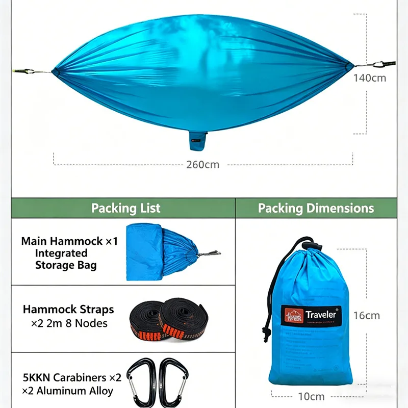 TRAVELER 20D Ultralight Nylon Camping Hammock, Single/Double for Backpacking, Bikepacking & Hiking, Compact Stuff Sack Included