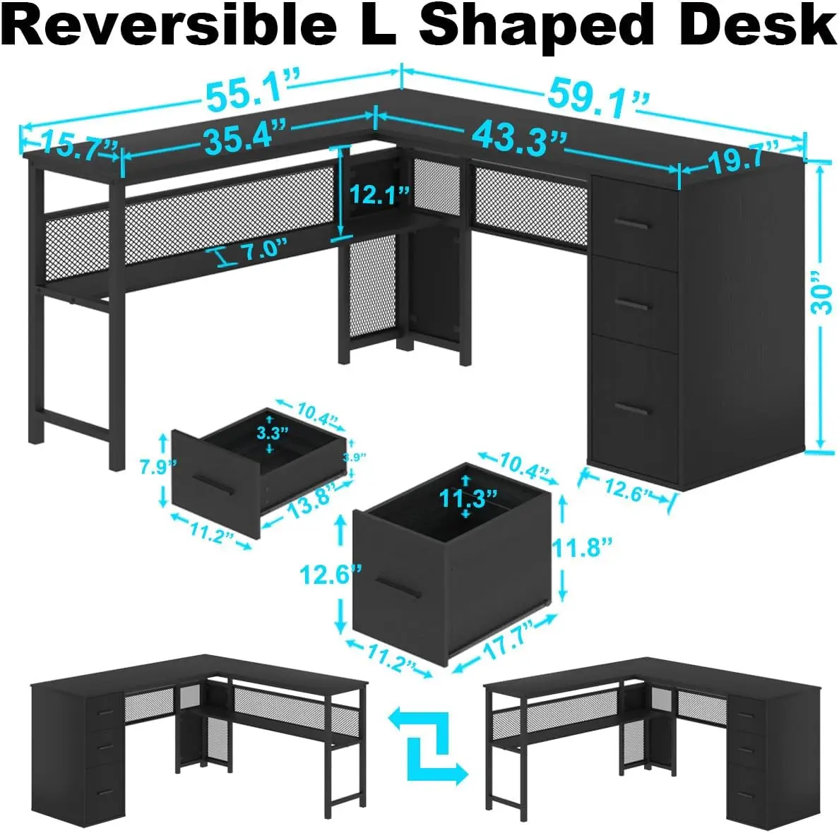 Black L Shaped Desk, Reversible Computer Office Desk with Drawers, Modern Large L Shape Gaming Desk Table with File Cabinets