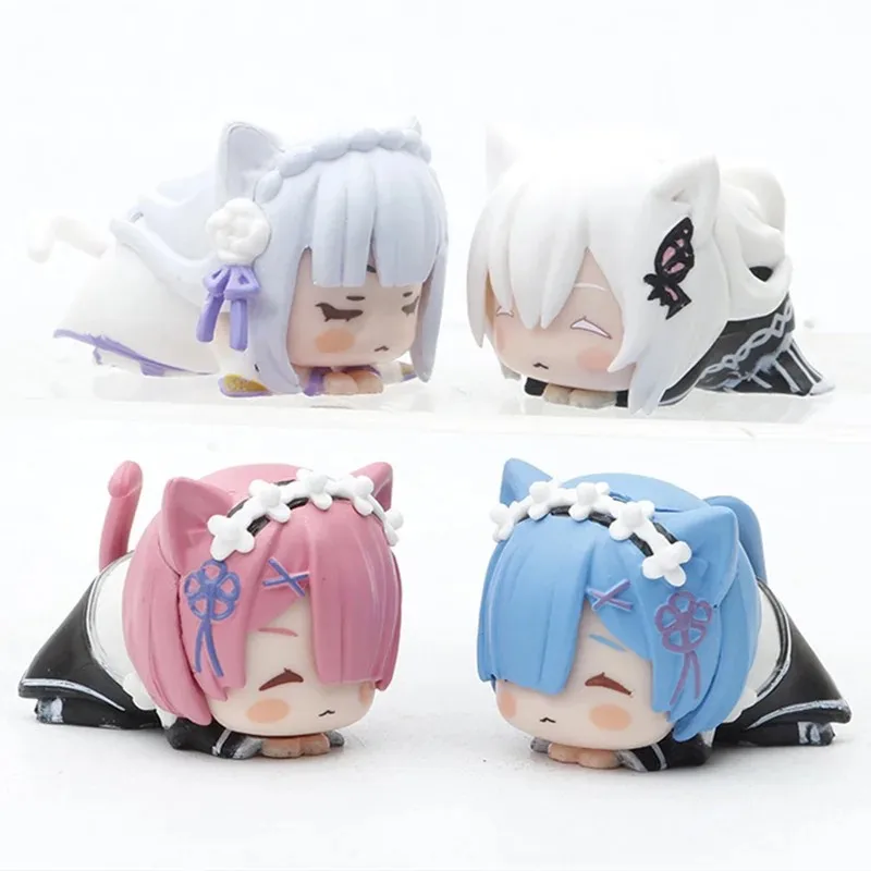 Figurine d'anime RE: ontari- Starting Life in Another World pour enfants, oreilles de chat mignonnes, jouet modèle couché, beurre en PVC, Kawaii, Rem, Emilia, 4cm