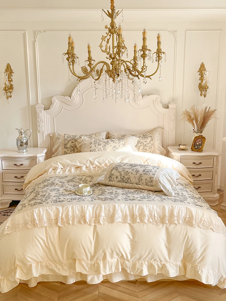 4Pcs French Vintage Pastoral Flower Cotton Bedding Hollow Lace Duvet Cover Princess Style Bedding Bed Skirt 200x230 220x240
