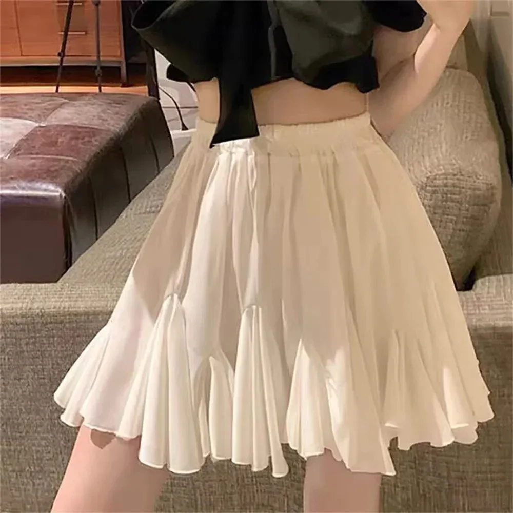 Fashion Summer New Ruffled Skirt Elastic Waist Thin Women A-line Pleated Puffy Preppy Style Solid Color Simple Casual Korean