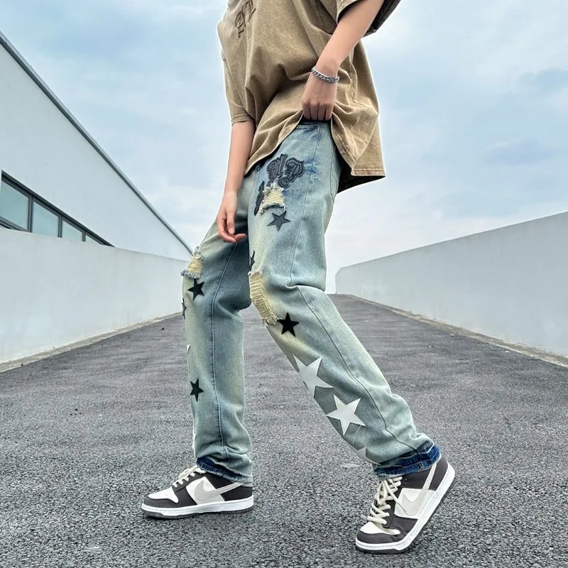 الخريف والربيع موضة جديدة الاتجاه الشارع خمر الرياضة المطبوعة الجينز الرجال عادية مريحة مستقيم الساق الجينز المرنة #4