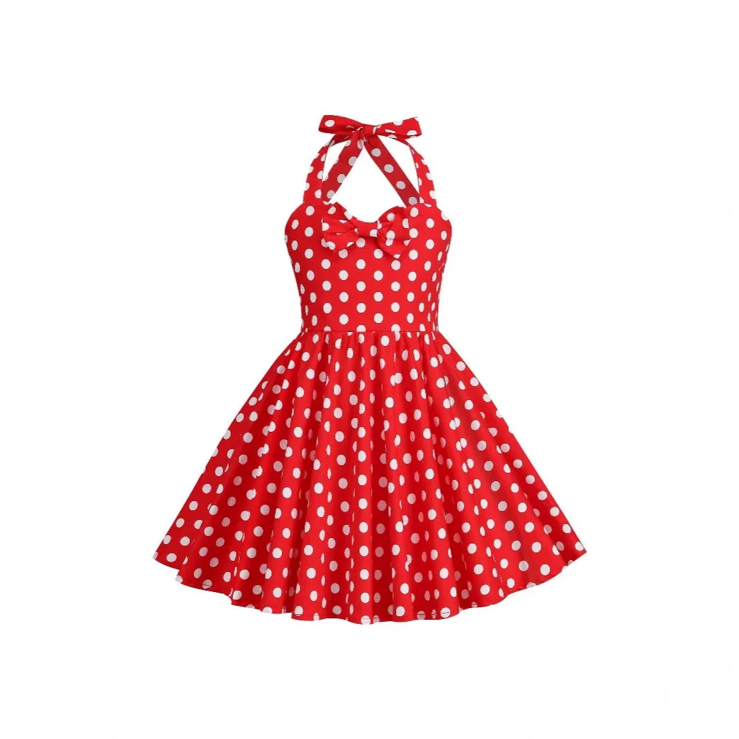 

Summer New Floral Print Hepburn Style Girls Dress Hanging Neck Strap Cotton Simple Style A-Line Skirt U-Neckline Cotton Dress
