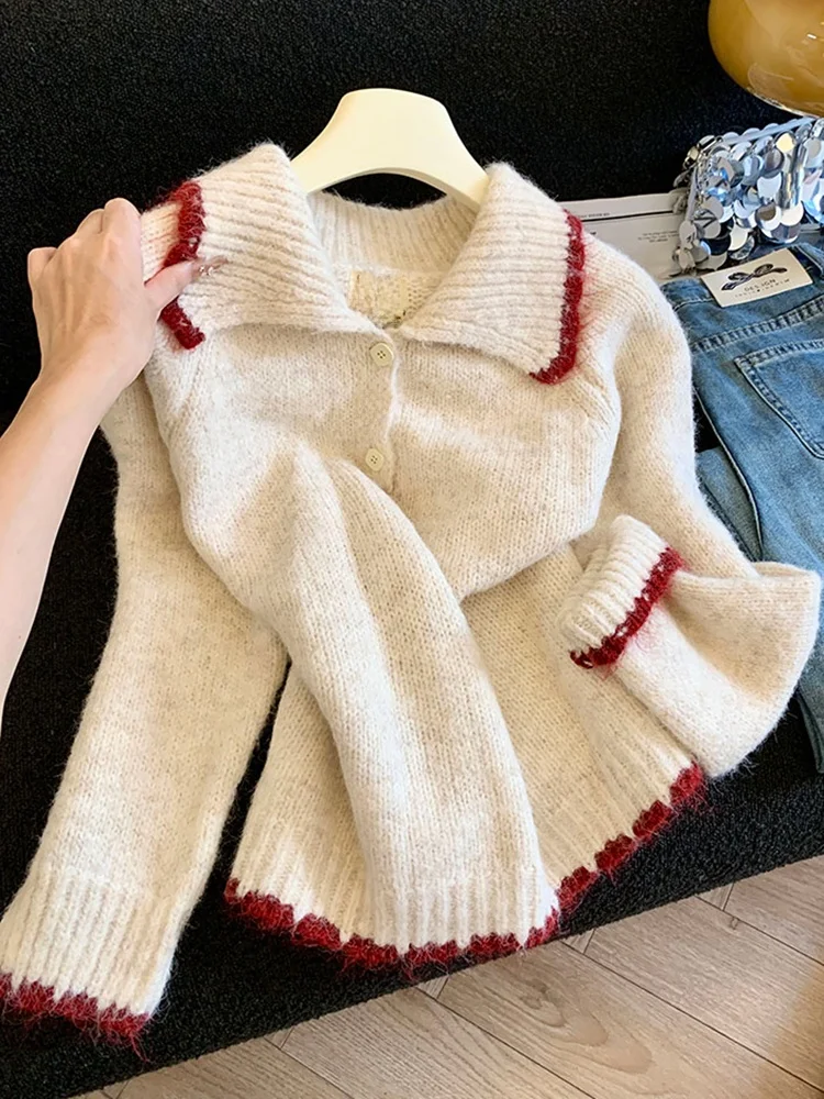

Chao Level Recommended Color Blo Doll Collar Oversize Knitted Sweater Women's Autumn Winter New Sle Soft Thiened Long S...