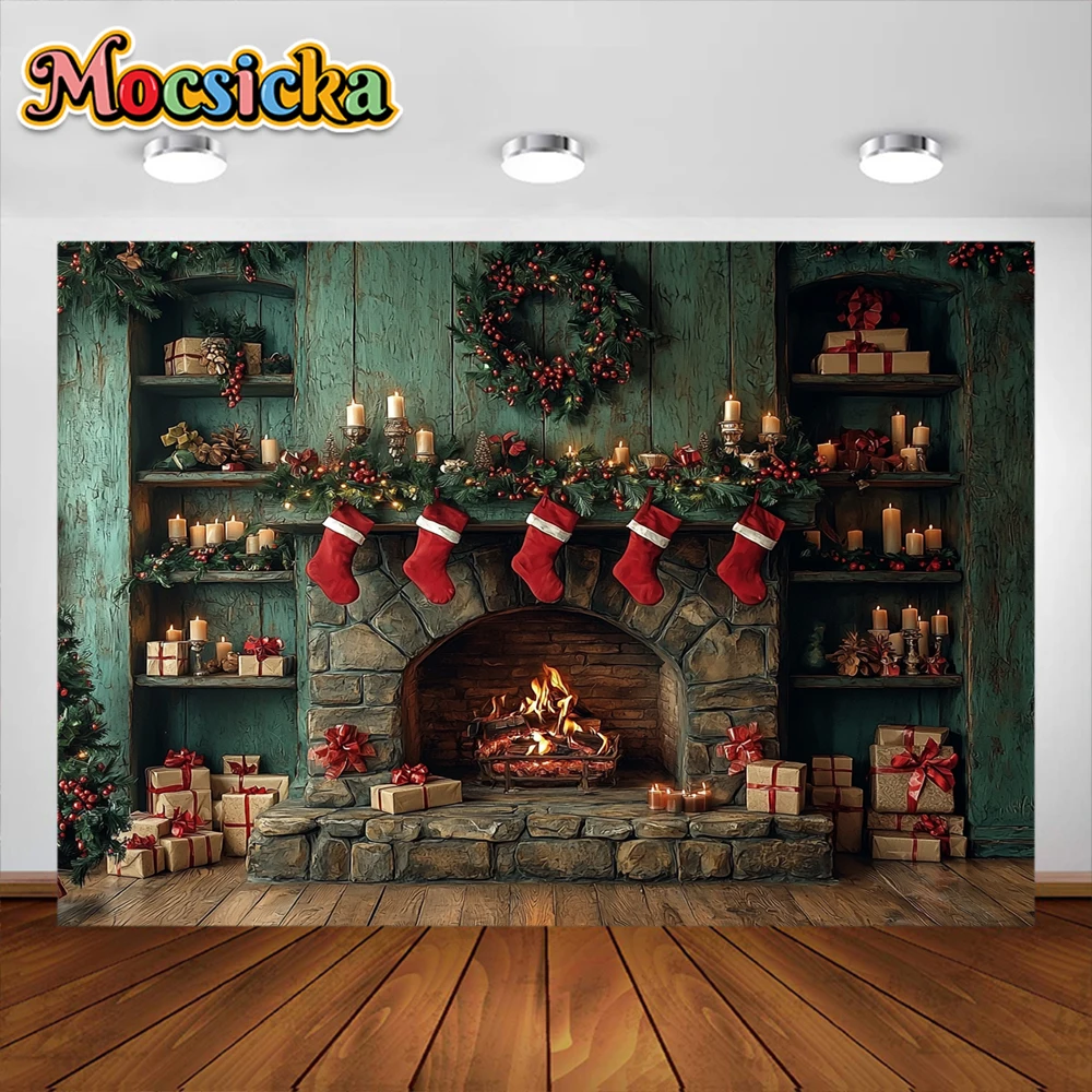 Christmas Room Photography Background Fireplace Xmas Tree Holiday Decoration Backdrop Family Photo Studio Props Supplies