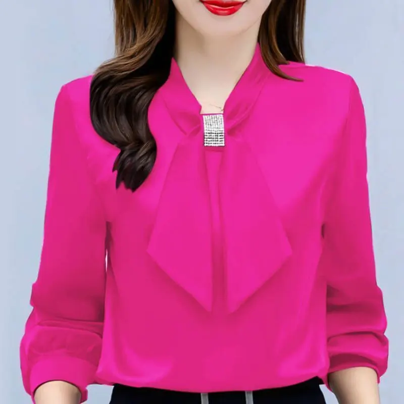 Büro Dame stilvolle V-Ausschnitt Schleife Bluse Frühling Herbst einfarbig grundlegende Damen bekleidung Langarm schicke Diamanten koreanisches Hemd