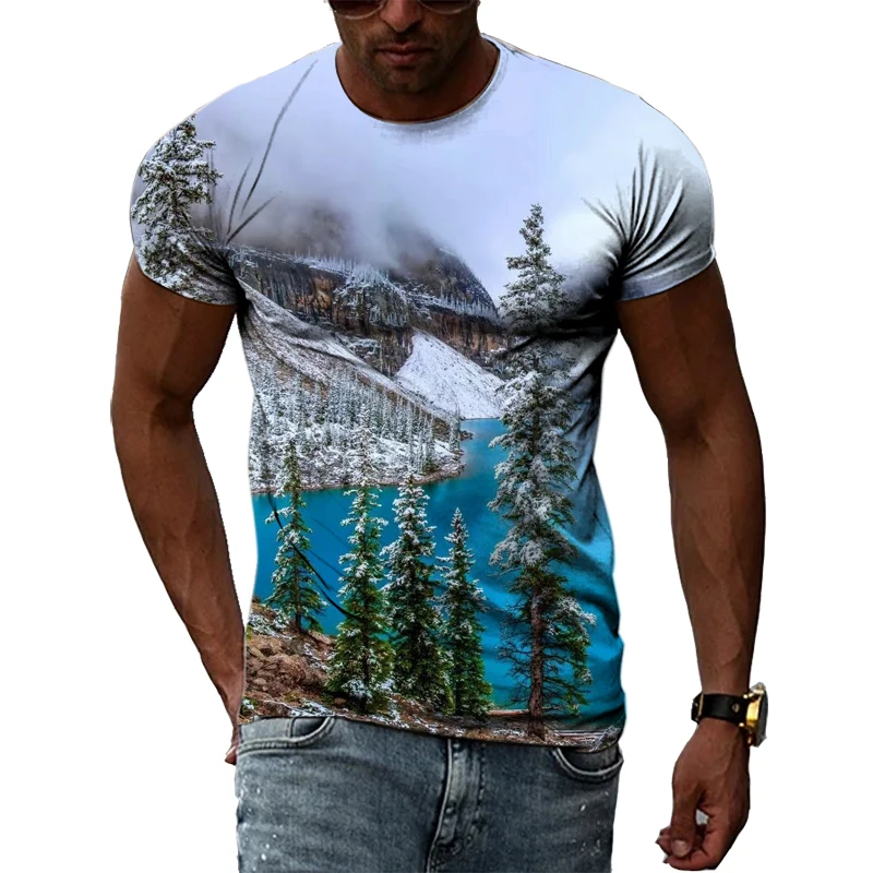 

Men's T-shirt With Landscape And Natural Scenery Pattern, Casual 3D Printing, Harajuku Personalized Round Neck Short Sleeved Top