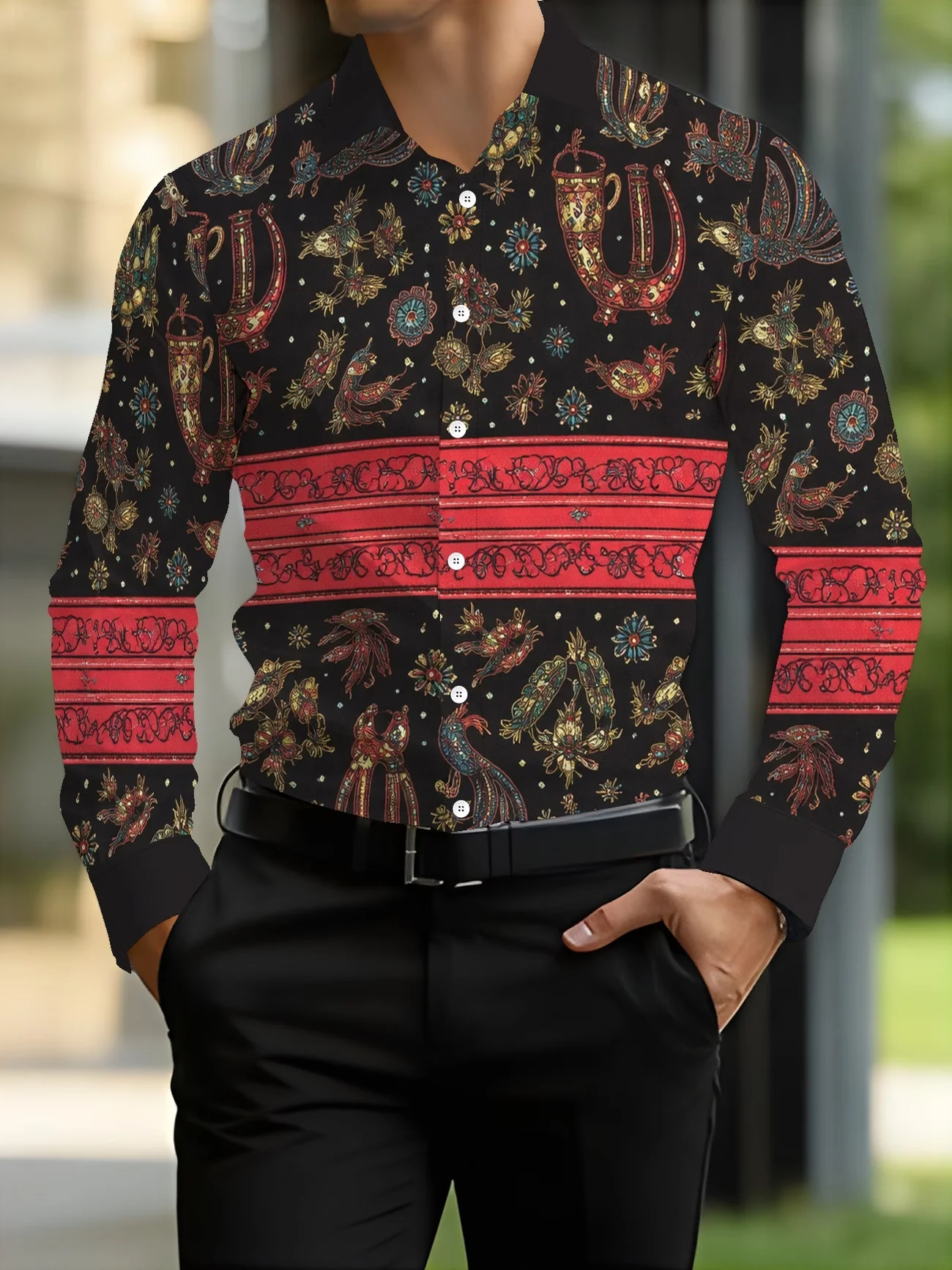 New blue-green color blocked plaid printed men's long sleeved shirt, business casual style slim fit versatile shirt