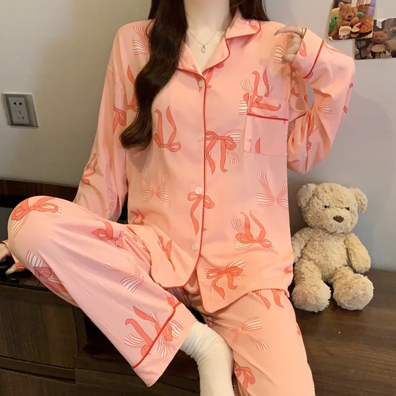 New Pajama 2/pce Set Girls Spring Autumn Bows Design Women Casual Home Long Sleeves Pants Pajamas Lady Wrinkled Cloth Loungewear