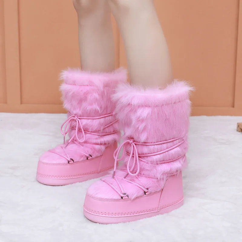 High Quality Women's Faux Fur Platform Snow Boots Winter Warm Lace Up Fluffy Ankle Boots for Women Outdoor Casual Non-slip Shoes
