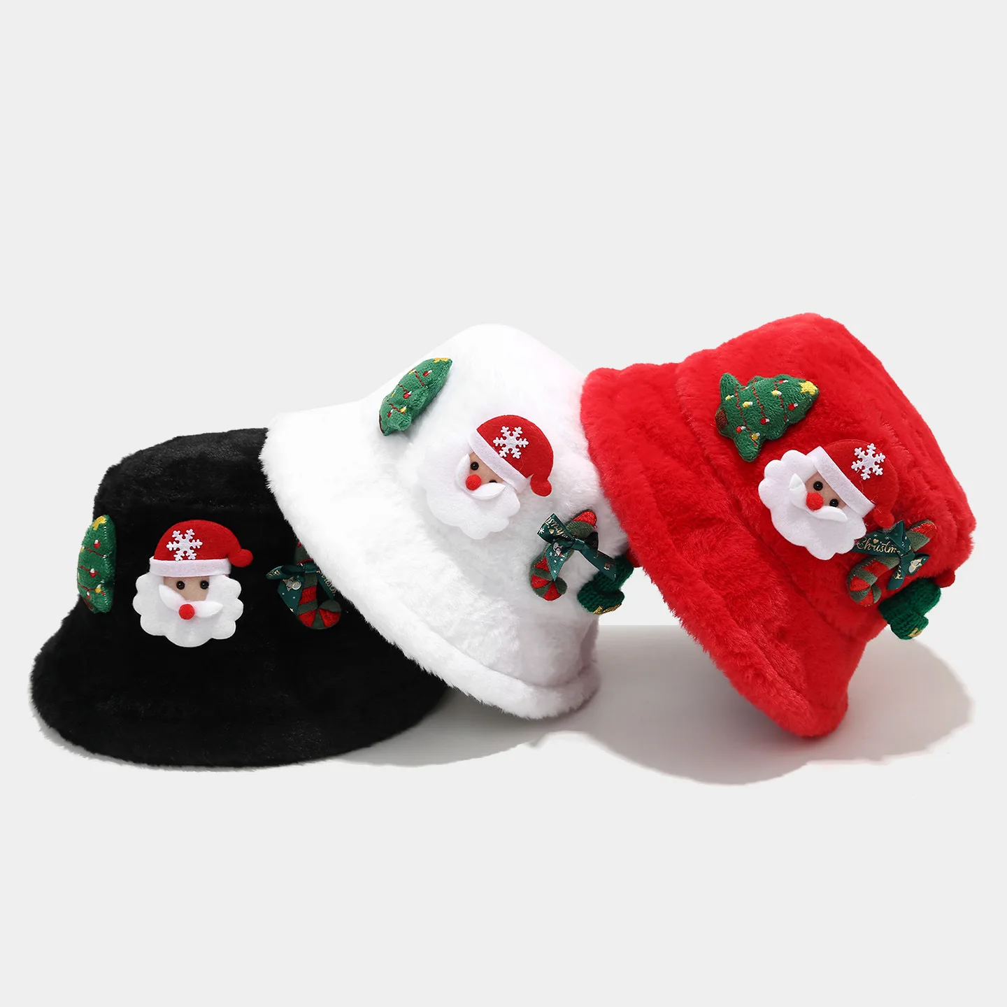 Women's Christmas Faux Rabbit Fur Bucket Hat, New European American Warm Winter Basin Cap, Versatile Santa Claus Decorated Hat