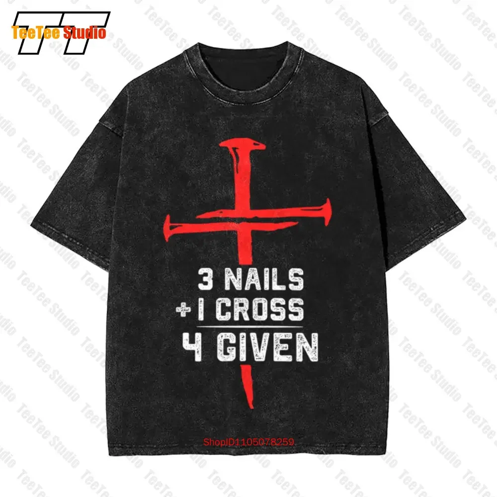 Jesus 3 Nails Plus 1 Cross 4 Given Religious Christianitys Vintage Oversized T-Shirt S6B4