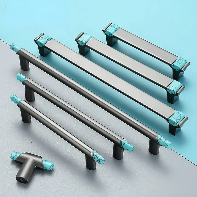 Lubang jarak 96/128/192 lampu Nordic mewah abu-abu Dinding kabinet lemari pakaian pegangan High-end Turquoise Solid tebal kenop laci