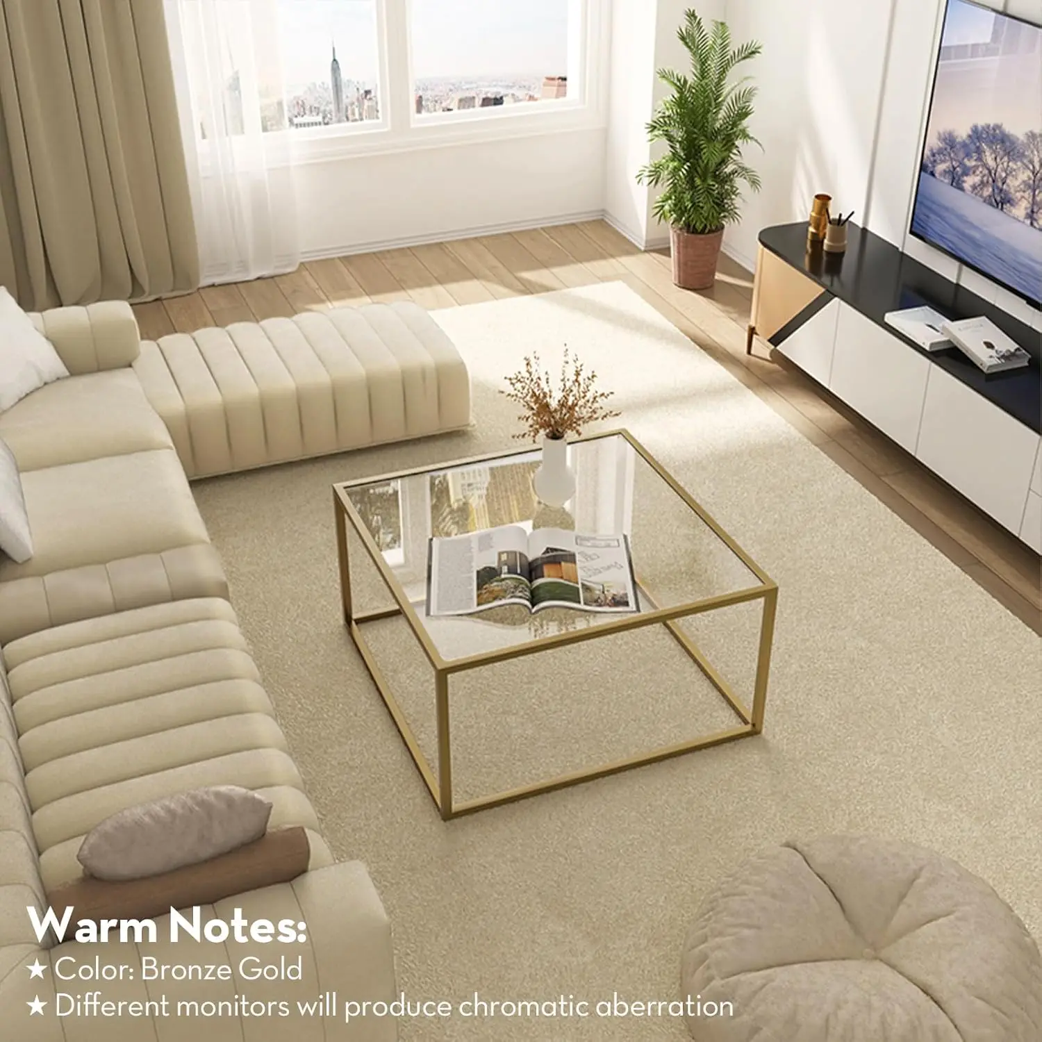 Modern Square Glass Coffee Table for Living Room, Minimalist Gold Center Table 26.7x26.7x17.7 Inches