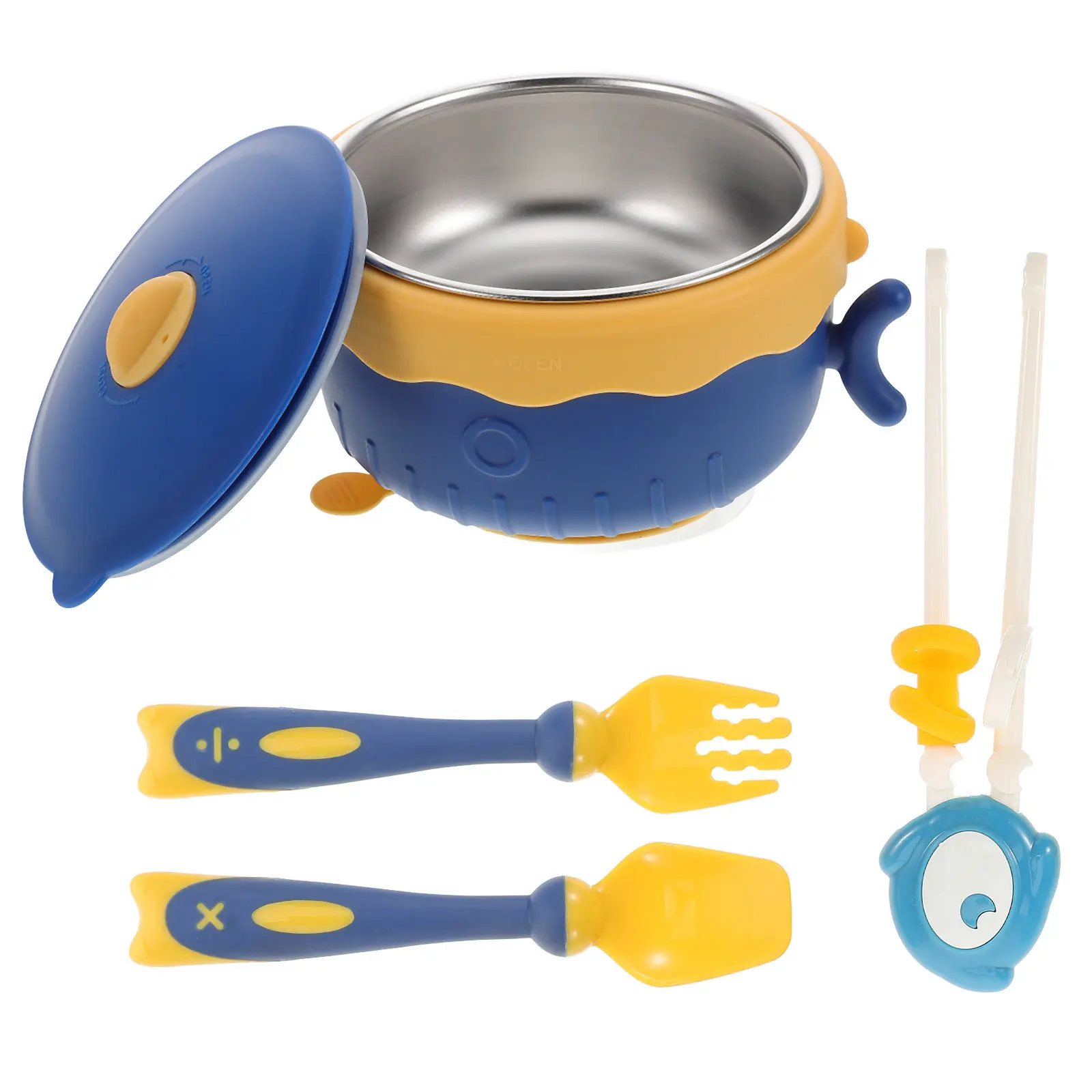 

4Pcs Stainless Steel Baby Bowls Detachable Suction Base Heat Resistant Ramen Noodle Soup Bowl Set Spoon Fork Chopsticks Blue
