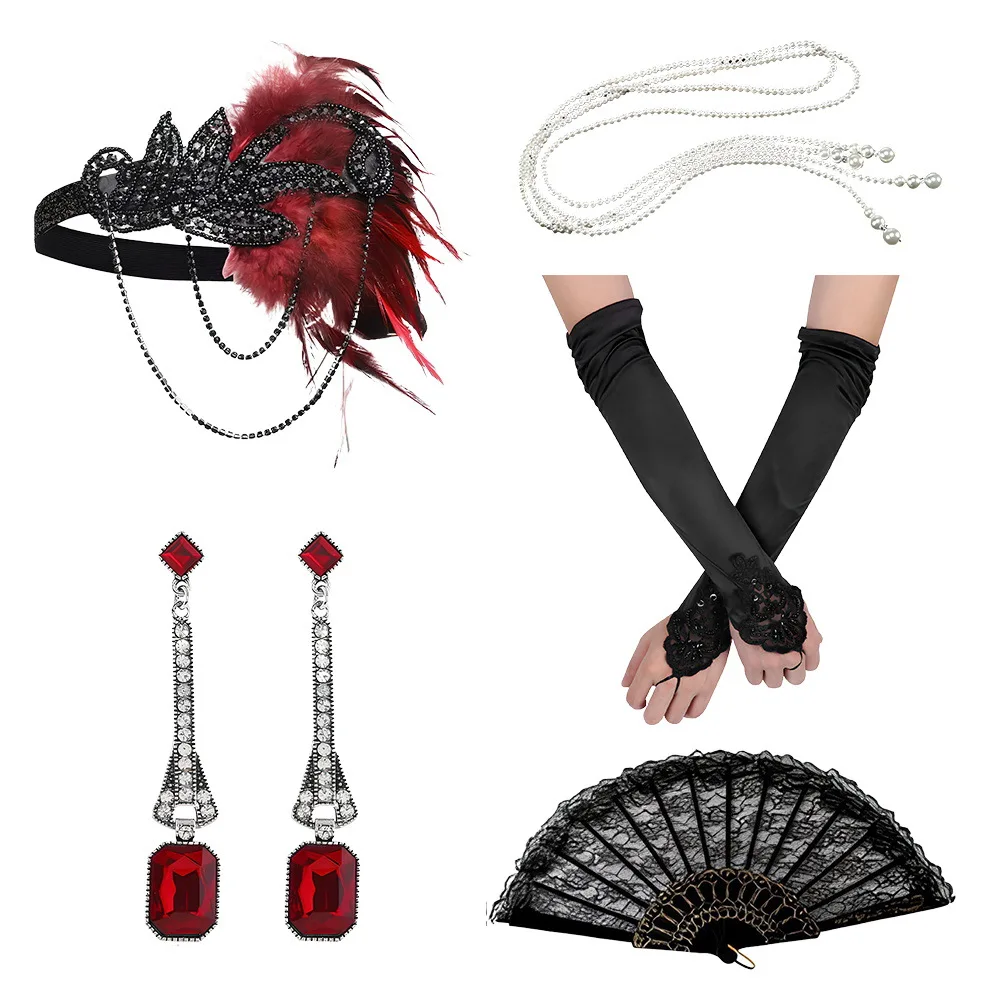 1920s Cosplay Flapper Women Halloween Gatsby Costume Accessories Set  Headdress Earrings Gloves Necklace Cosplay Accessories