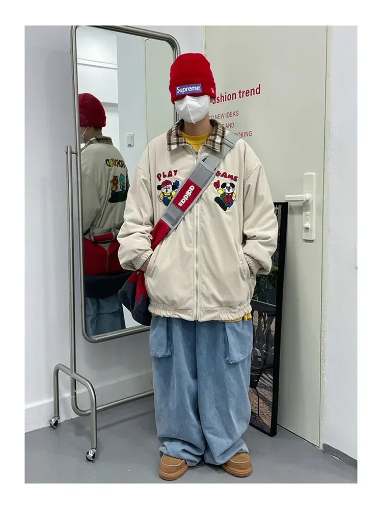 Corduroy Parka Men Women Harajuku Cartoon Embroidered Thick Jacket Retro Reversible Loose Cotton Coat Winter Couple Warm Outwear