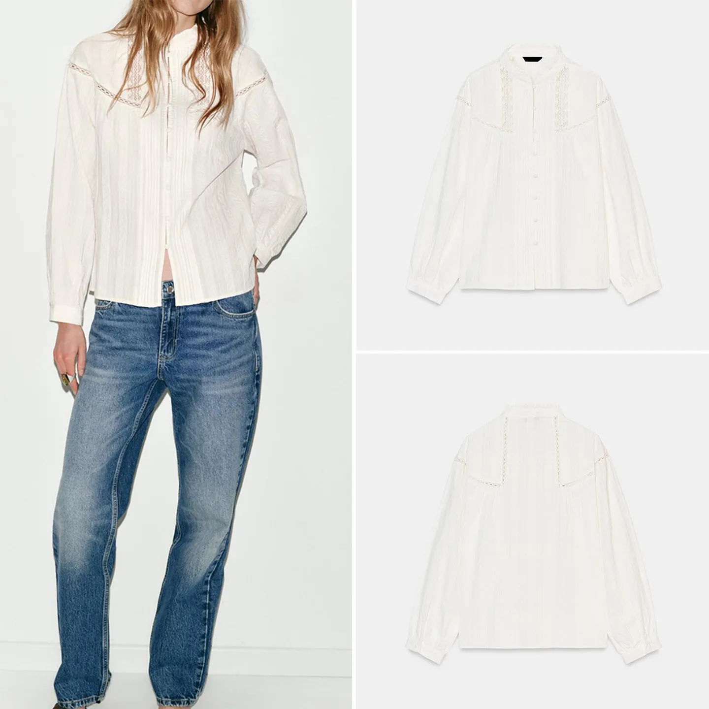 

Women's Fashionable Ruffle Trim Shirt 2026 Spring Seasonal Personality Decoration Clothing Style Long Sleeve Stand Collar