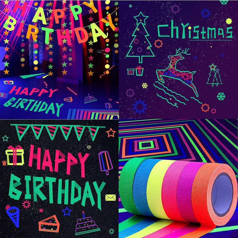 شريط لاصق، 6 ألوان قماش نيون، شريط متوهج بالأشعة فوق البنفسجية، 0.6 بوصة × 16.5 قدم × 6 لفات