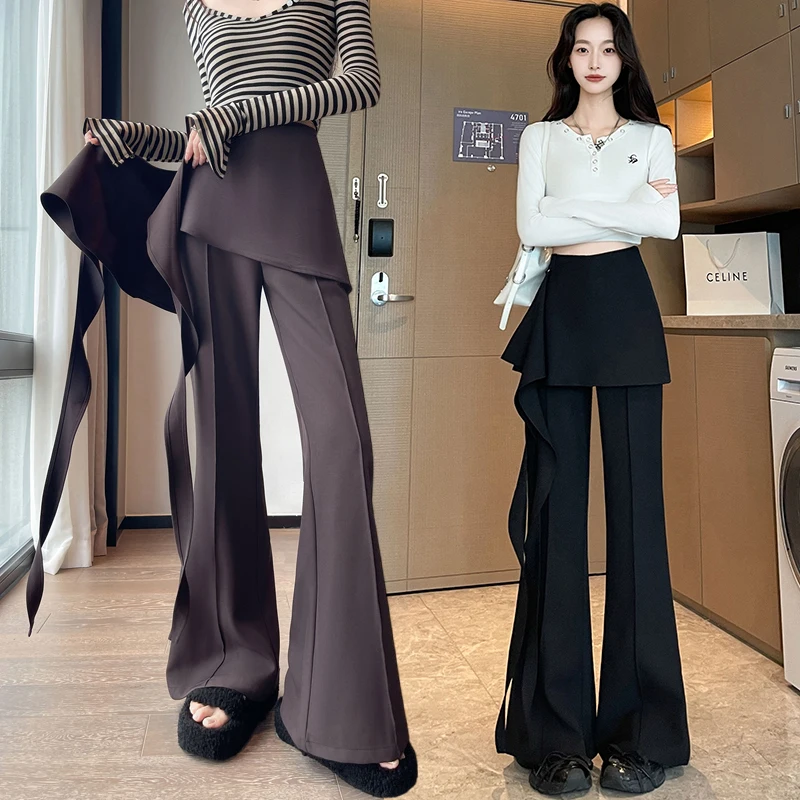 高品質フリルエプロンフレアパンツ レディース 秋 ハイウエストスーツパンツ 女性デザイン ストリートウェア ロングパンツ Y2k 2025