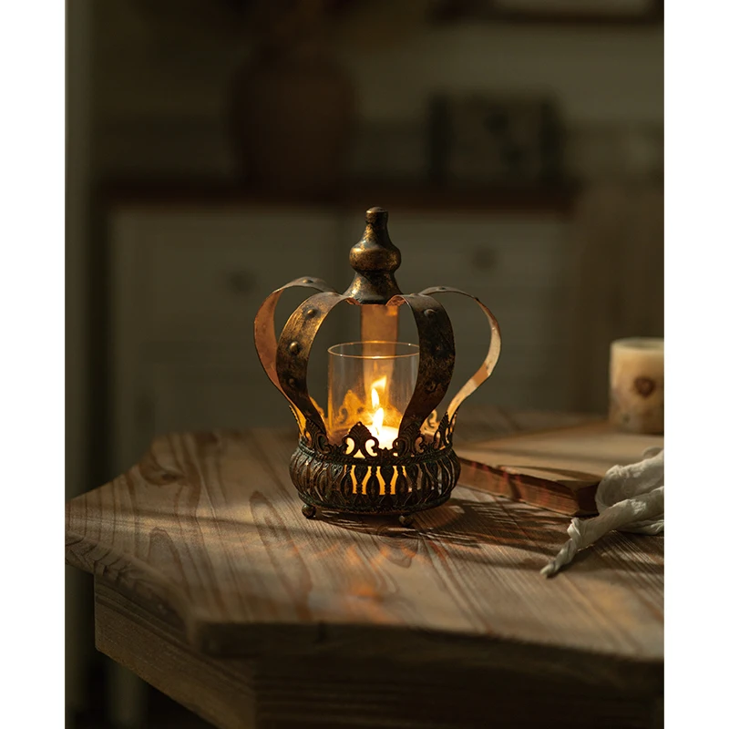 Crown Antique Decorative Iron Distress Holder Lantern Gold Candle Stand KES Brand Handmade for Christmas & Home Decoration