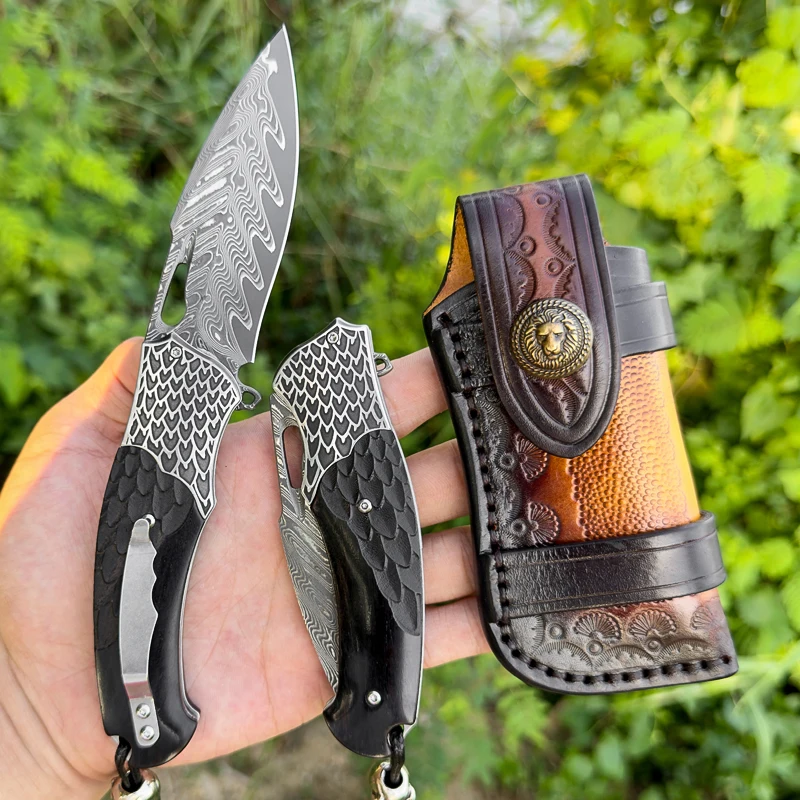 Handmade Japanese Damascus Steel VG10 Blade Pocket Folding Knife with Ebony Handle EDCOutdoor Camping Fishing Hunting Knife Tool