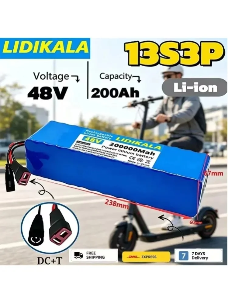 LIDIKALA Langstrecken-Lithium-Ionen-Akku 48V 200Ah 13S3P mit integriertem BMS, wiederaufladbarer E-Bike-Akku für 500W-2000W Motor, Ersatzakku für städtische Elektrofahrräder.